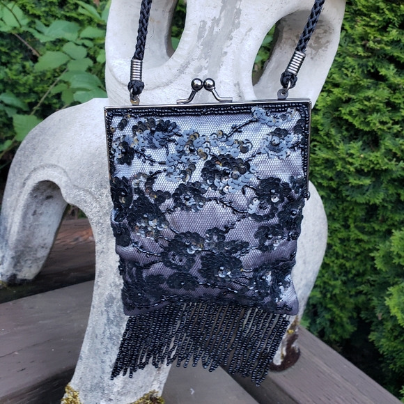 Lancôme Black Purse with Sequence and Fringe - Picture 2 of 7